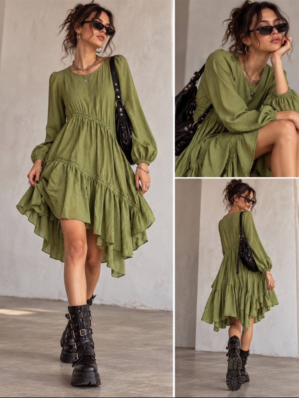 Heyson Green Asymmetrical Ruched Dress Grunge Edgy Festival Boho